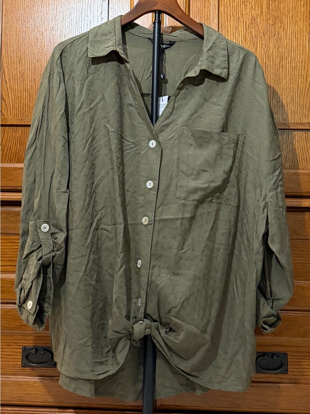NWT Club Z Collection Dobby Dot Tab Sleeve Button-Front Tie-Hem Shirt Layering